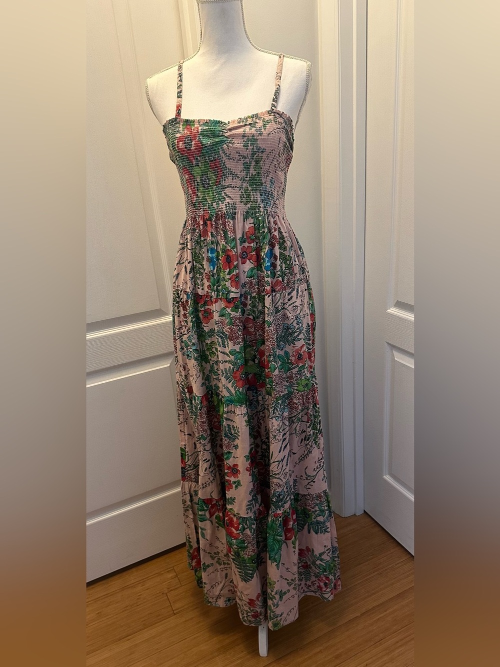 Plum Pretty Sugar for Anthropologie Smocked Pink Floral Maxi Dress size L NWOT